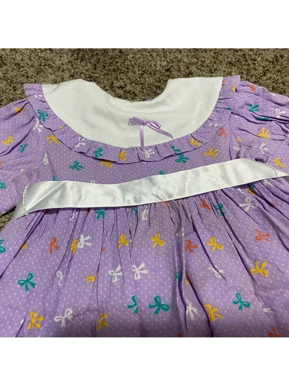 Vintage Toddler Girl Cotton Dress 80s 90s Purple Polka Dot Bows Ribbon Tie - Picture 3 of 11